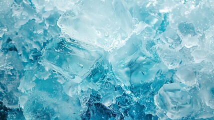 Macro shot of shimmering blue ice cubes with bubbles