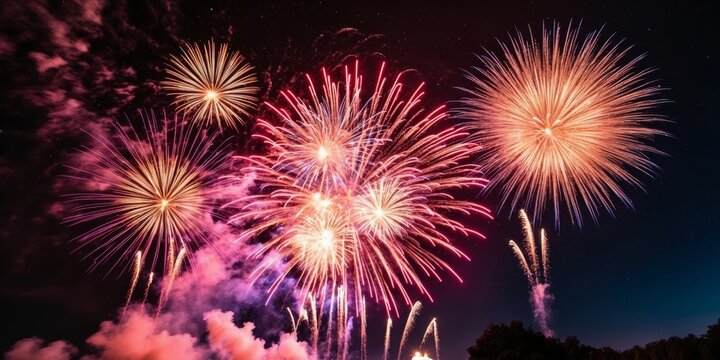 Colorful fireworks burst in the sky, marking a festive summer celebration