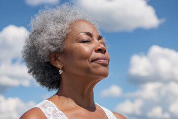 Afro senior woman taking a breath on a sunny day, mental health