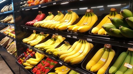 Fresh banana fruit on sale in shelf in fruit grocery store