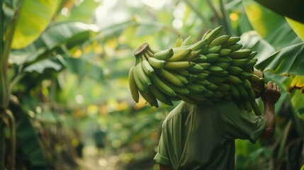 Obraz premium A farmer working carrying a branch of banana fruit in banana plantation farm field