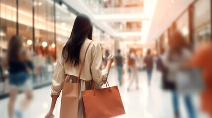 Blurred view of a modern shopping mall with a woman shopping