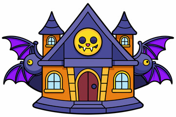 A halloween house and bat flying around the house