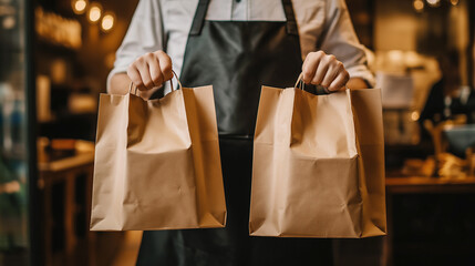 Cafe worker holding two paper bags filled with takeout food in a restaurant setting.