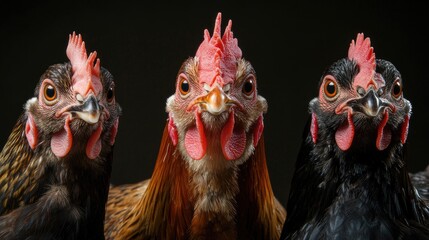 Three Chickens Facing Forward with a Black Background