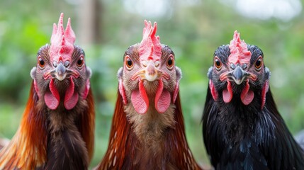Fototapeta premium Three Chickens with Red Combs and Different Plumage