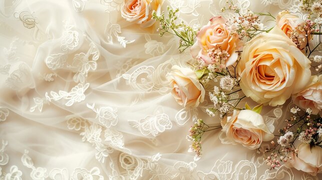 Elegant lace backdrop with pastel flowers and greenery.