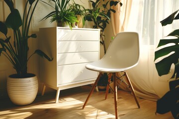 A Scandinavian-inspired room with a white dresser, a modern chair, and ample greenery bathed in soft daylight, creating a cozy and stylish ambiance.