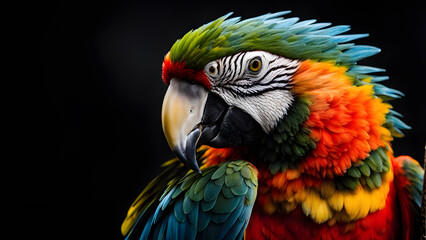 A colorful parrot is perched on a black background