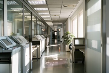 Naklejka premium A long office corridor with glass walls, abundant light flooding in through large windows, and rows of photocopiers along the sides.