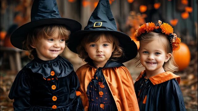 Children dressed in various Halloween costumes, capturing the spirit of Halloween festivities. The children are seen in creative outfits, enjoying the celebration with smiles and excitement. This imag