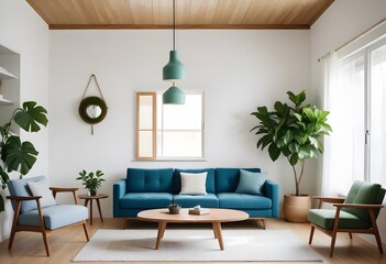 A modern and minimalist living room with a large beige sectional sofa, a wooden coffee table, and decorative elements like pillows and a vase with dried flowers. The room has a neutral color palette a