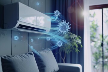 Air flows out of a wall-mounted air conditioner carrying virus symbols, emphasizing indoor air contamination issues in a well-lit living space.