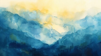 Misty blue mountains with golden horizon watercolor