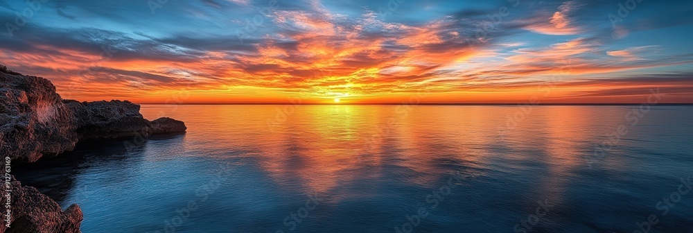 Wall mural sunset over the ocean with rocky cliff