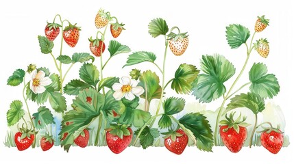 Watercolor vector drawing of strawberry fruit plant leaf over white background
