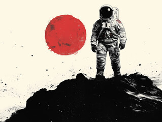 Astronaut on the moon. Grungy illustration.