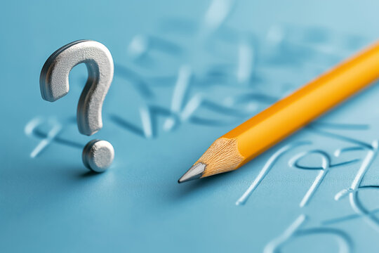 Artwork creatively illustrates a Question Mark using colorful pencils set against a vibrant blue chalkboard background