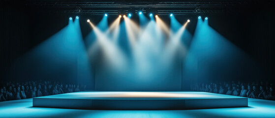 An empty stage illuminated by vibrant blue lights, ready for a performance or event, with a captivated audience in the background.