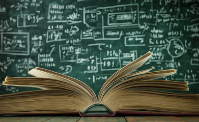 Open book in front of a chalkboard filled with mathematical equations.