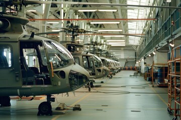 Fototapeta premium A spacious hangar housing a fleet of military helicopters lined up meticulously, awaiting maintenance or action. The environment is clean and well-organized.