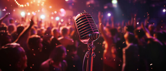 A close-up of a vintage microphone against a lively crowd, capturing the energy of a vibrant concert atmosphere.