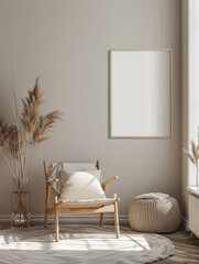 A mockup of an empty frame or blank poster mounted on the wall. This frame is installed in the living room minimalistic design style.