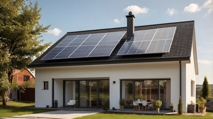 Close-up of a new suburban house with a photovoltaic system on the roof. Simple and modern environmentally friendly house with solar panels on the gable roof, with sunlight during the day. AI