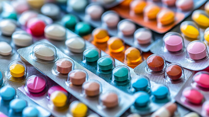 A variety of colorful pills in blister packs arranged together.