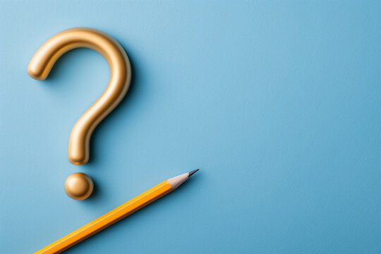 Artwork creatively illustrates a Question Mark using colorful pencils set against a vibrant blue chalkboard background