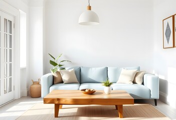 A modern and minimalist living room with a large beige sectional sofa, a wooden coffee table, and decorative elements like pillows and a vase with dried flowers. The room has a neutral color palette a