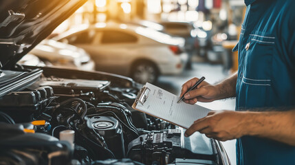 Mechanic inspecting a car engine and taking notes on a clipboard in a garage.
