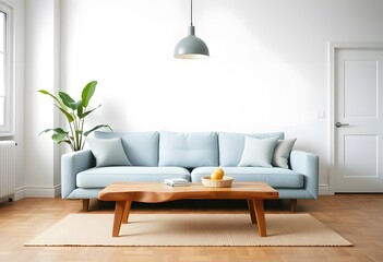 A modern and minimalist living room with a large beige sectional sofa, a wooden coffee table, and decorative elements like pillows and a vase with dried flowers. The room has a neutral color palette a
