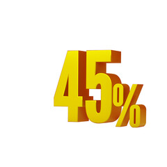 3d illustration of golden number 45 percent or 45% isolated on white background. 3d render.