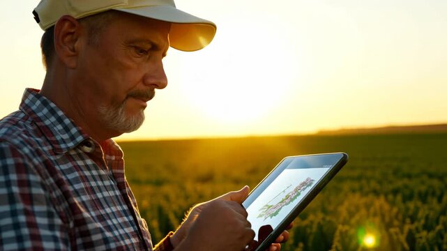 A man in a plaid shirt and cap stands against a field using a tablet for work, illuminated by the setting sun.
Concept: use of technology in agriculture, farming