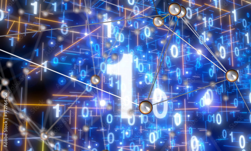Poster Neural network 3D illustration. Big data and cybersecurity