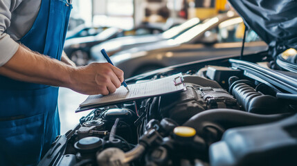 Mechanic writing on a clipboard while inspecting a car engine in a garage.