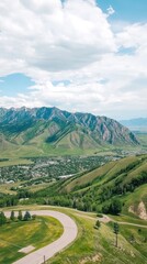 Fototapeta premium A picturesque village nestled in the mountains showcases homes connected by a network of wireless signals amid lush greenery