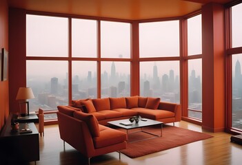 Fototapeta premium A modern living room with a large red sofa overlooking a cityscape through floor-to-ceiling windows. The room has a blue accent wall and minimalist decor