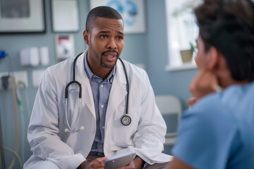 Fototapeta premium A male doctor wearing a white coat and stethoscope attentively listens to and discusses medical concerns with a patient in a modern examination room