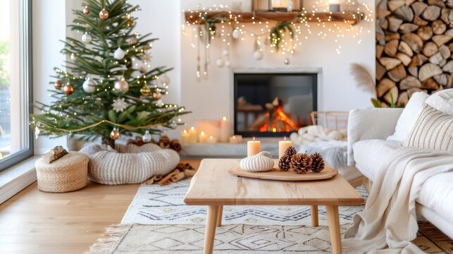 Cozy living room decorated for Christmas with a decorated tree, fireplace, and white sofa. - Powered by Adobe