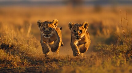 Two Lion Cubs Running Through Tall Grass at Sunset