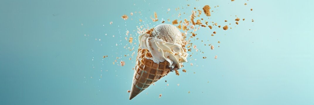 Closeup view of exploding tasty cone ice cream.