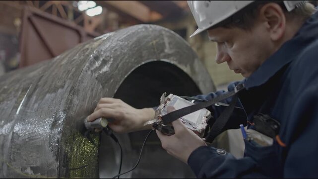 Flaw detector. Stock clip. Worker performs magneto powder flaw detection. Worker with non-destructive testing device on metal part