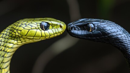 Fototapeta premium Close-up of a Green and Black Snake's Heads Facing Each Other