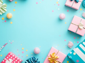 Colorful birthday gifts and confetti background with space for copy. Birthday party concept in the style of a flat lay top view