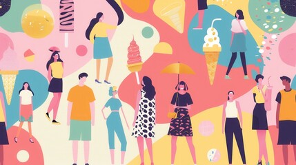 Flat vector art background abstract theme with people summer ice cream.