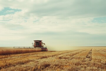 Obraz premium A combine harvester traverses a vast golden wheat field under a wide, open sky, leaving a trail of harvested stalks behind, showcasing rural agricultural life.