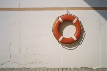 An orange lifebuoy mounted on a weathered white wall, portraying themes of safety and maritime environments.
