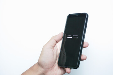 System error, slow loading, no connection to wifi on mobile smartphone screen in man hand. No...